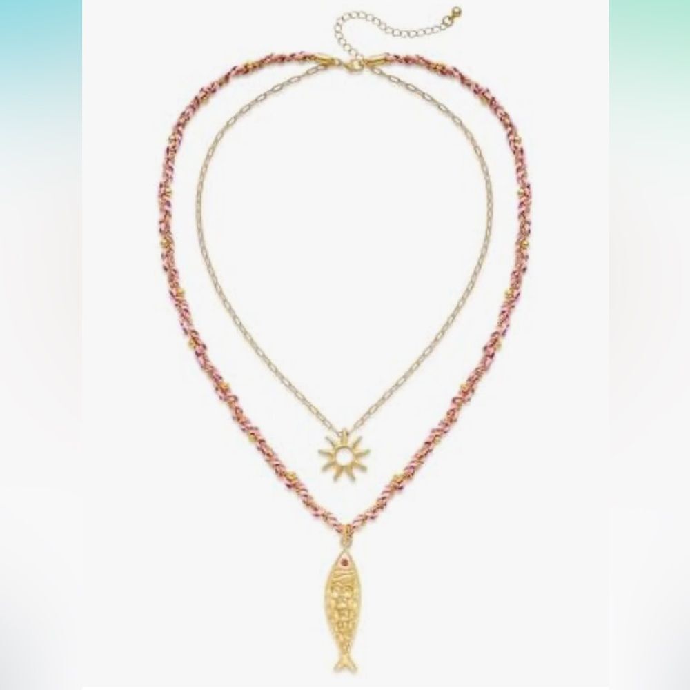 NEW NIP INNERDIVA Layered Gold Tone Fish Necklace Pink Braided Chain Jewelry